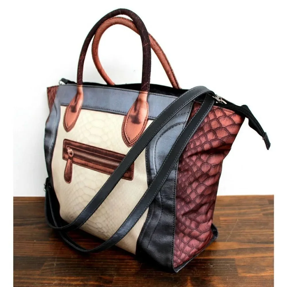 LARGE MOUSSE COLORFUL PRINT NYLON CANVAS ZIP TOP TOTE SHOULDER BAG HANDBAG BOHO